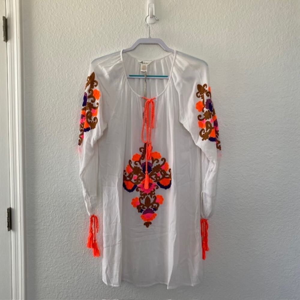 Lucky & Coco Cover Up Neon Orange Ivory‎ Tassels Embroidered Women Large NWT